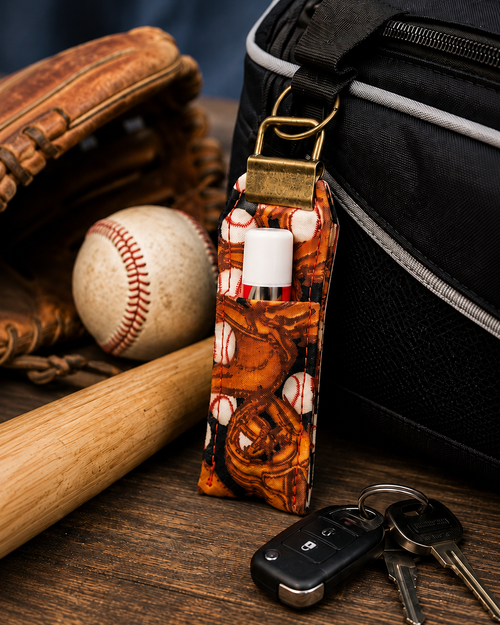 Baseball Print Lip Balm Keychain lifestyle view