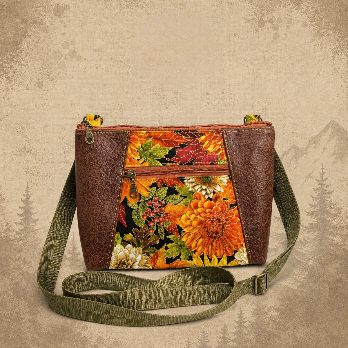 Handmade floral crossbody purse from TrailWorks Supply Co., showing its distinctive multicolor print and compact shape