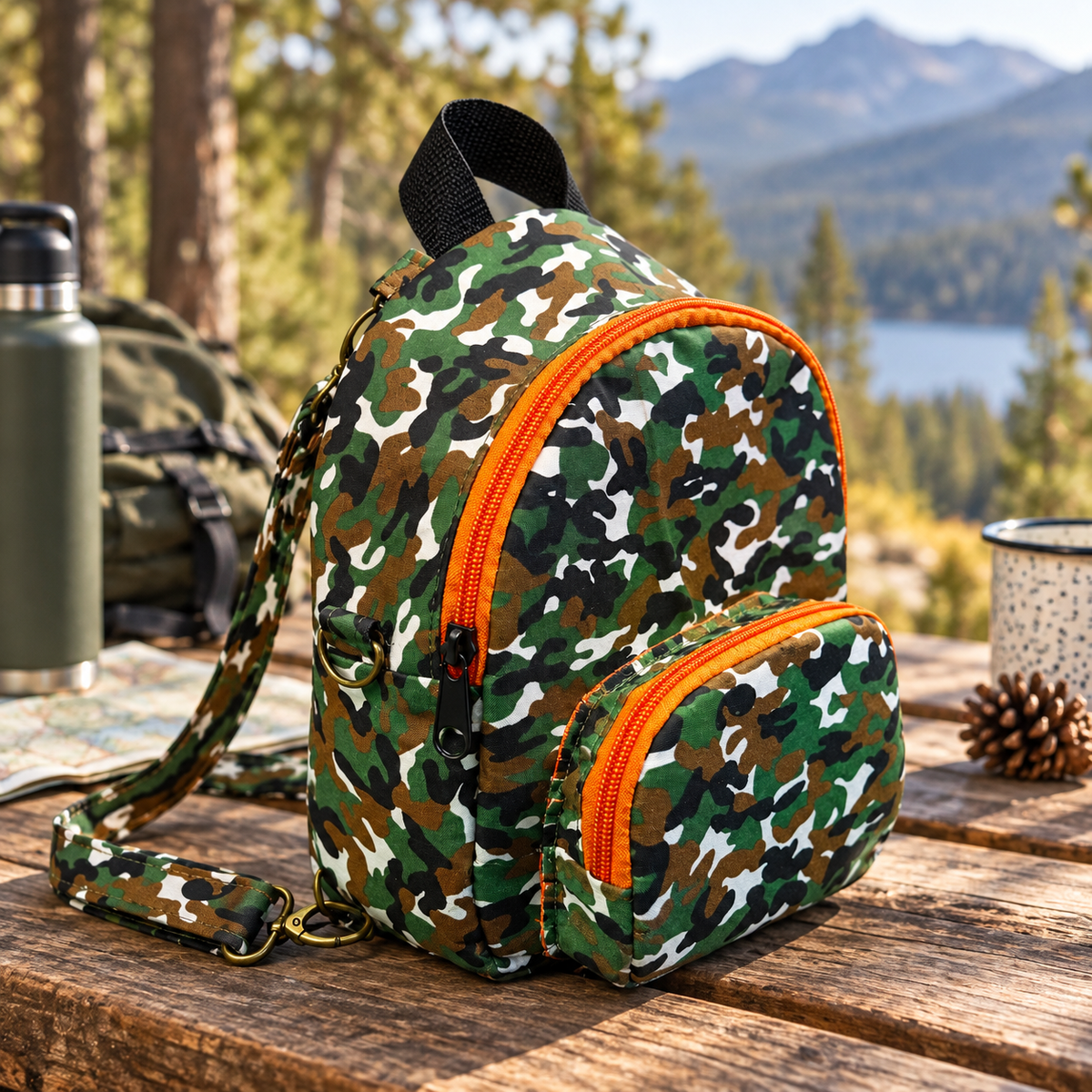 Black, Green & Brown Camo Mini Backpack lifestyle view