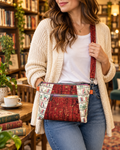 Book Nook Crossbody Bag worn in a cozy bookstore setting