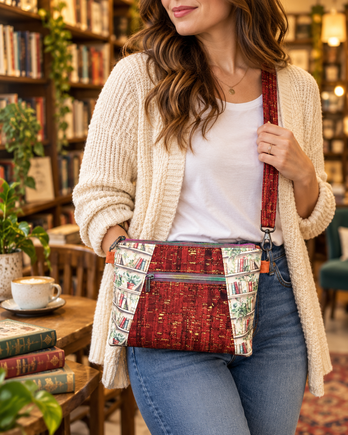 Book Nook Crossbody Bag worn in a cozy bookstore setting