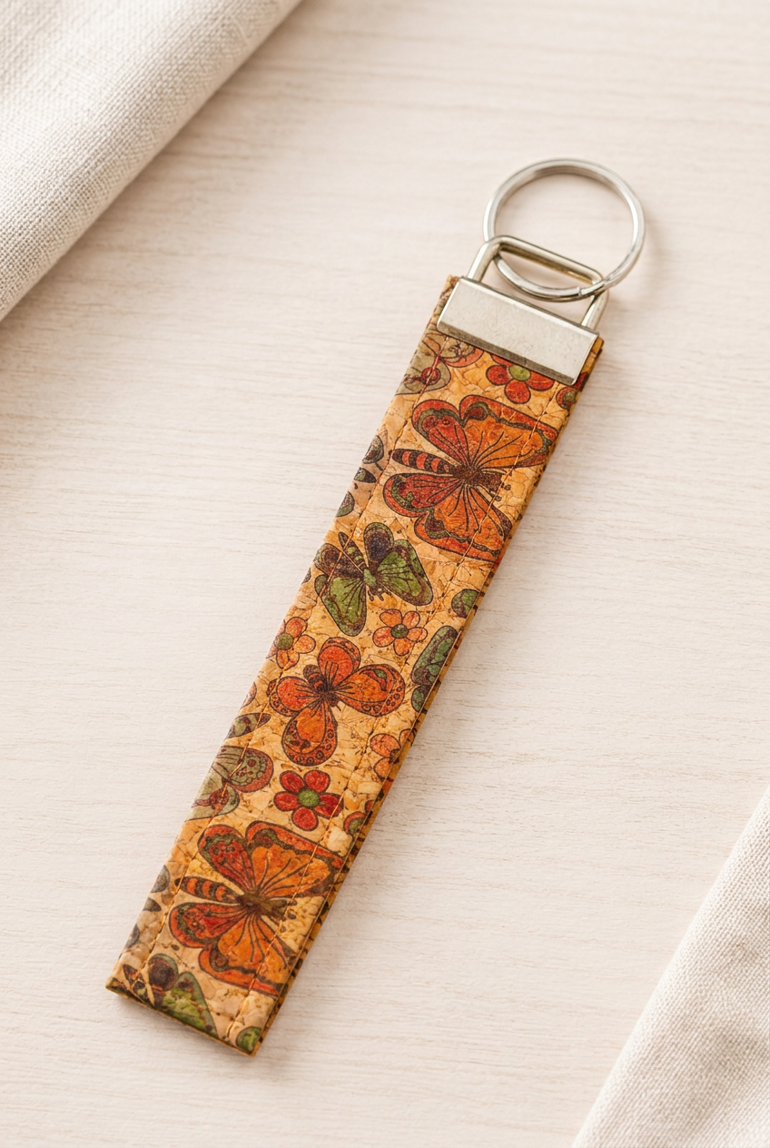 Butterfly Cork Keychain back-view image with matching butterfly print